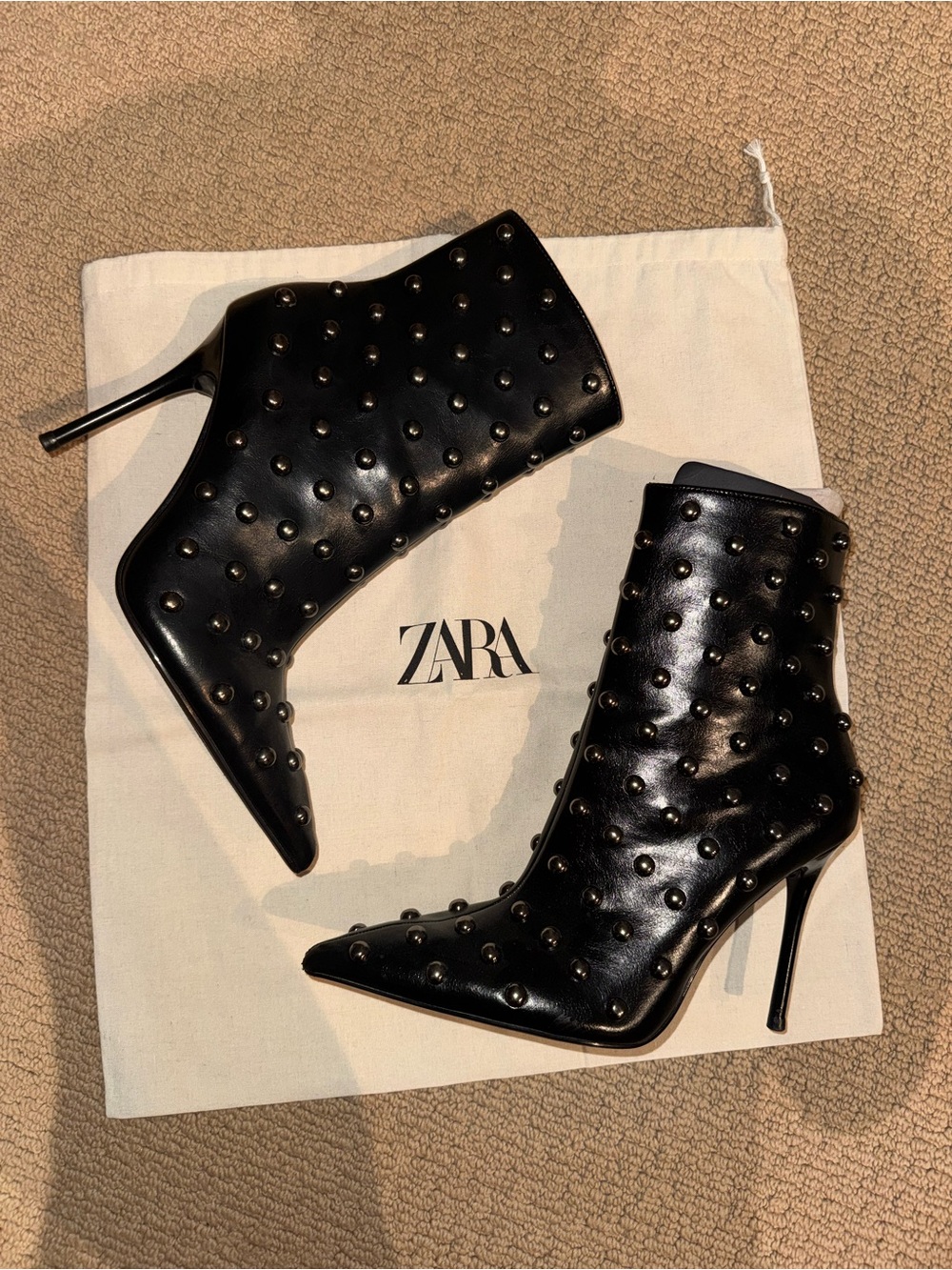 ZARA Black Studded Pointed-Toe Stiletto Booties